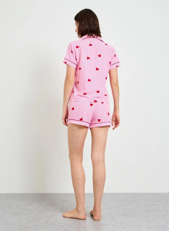 Take Two  Striped Heart Print Short Sleeve Pajama Set for Women | Best Price UAE