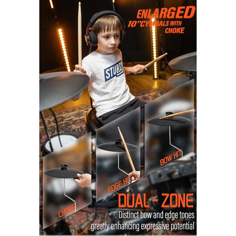 AKLOT B-CORE530 Electric Drum Set: Dual-Zone Quiet Mesh Drum Pads, 10’’ Dual-Trigger Cymbals, Height-Adjustable Rack, 360 Sounds, USB MIDI, Lesson Book, Throne, Sticks, Headphones - Image 5