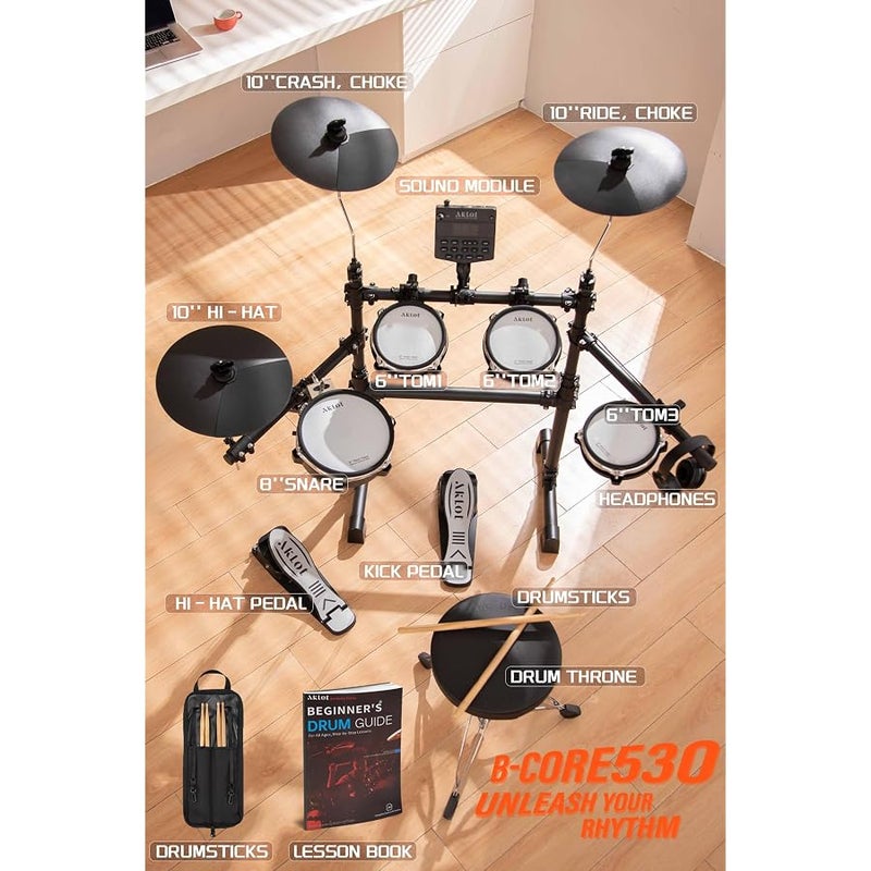 AKLOT B-CORE530 Electric Drum Set: Dual-Zone Quiet Mesh Drum Pads, 10’’ Dual-Trigger Cymbals, Height-Adjustable Rack, 360 Sounds, USB MIDI, Lesson Book, Throne, Sticks, Headphones - Image 3