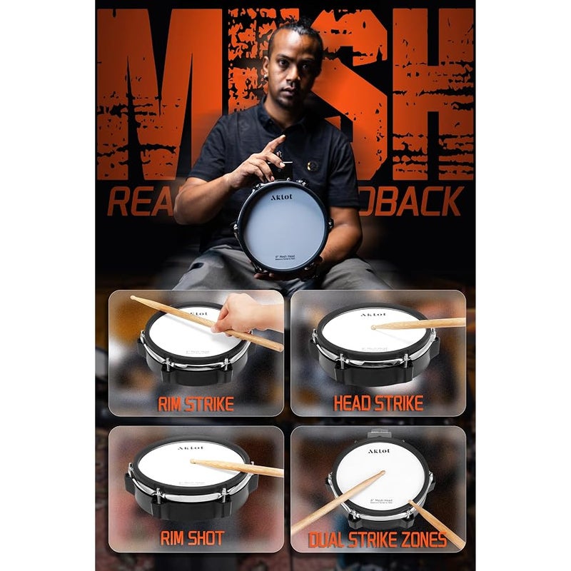 AKLOT B-CORE530 Electric Drum Set: Dual-Zone Quiet Mesh Drum Pads, 10’’ Dual-Trigger Cymbals, Height-Adjustable Rack, 360 Sounds, USB MIDI, Lesson Book, Throne, Sticks, Headphones - Image 4