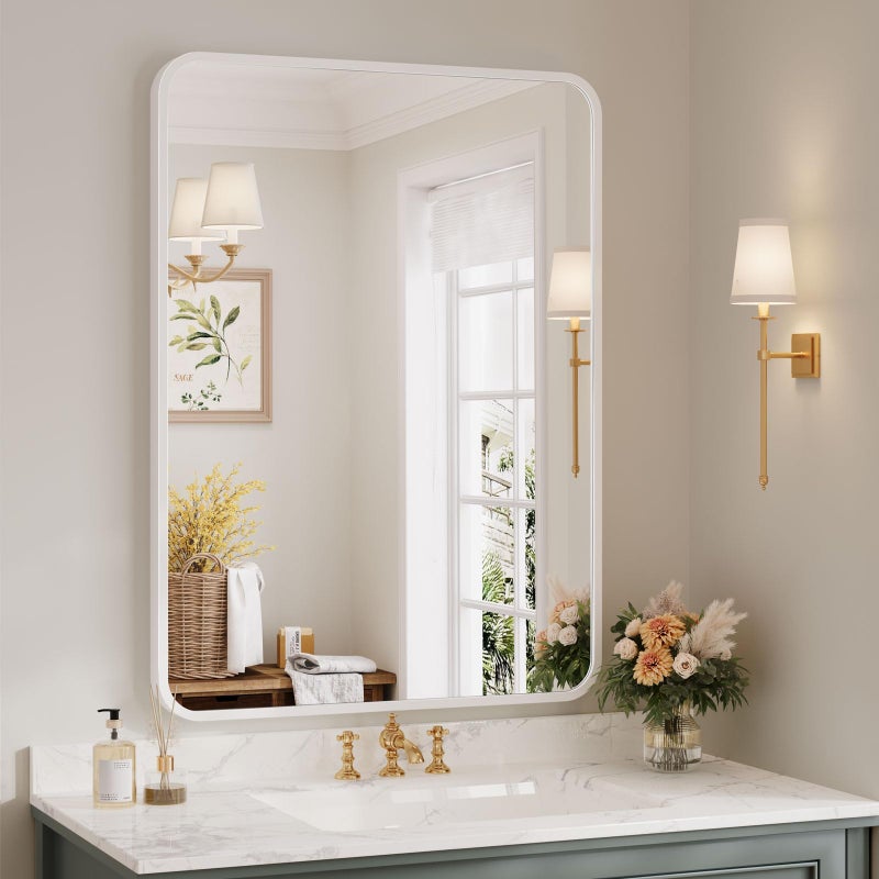 Dripex 55 x 75cm Rectangle Mirror Rounded Corners Brushed Metal Framed Bathroom Mirror for Wall Hangs Horizontally or Vertically for Dressing Room  Living Room White