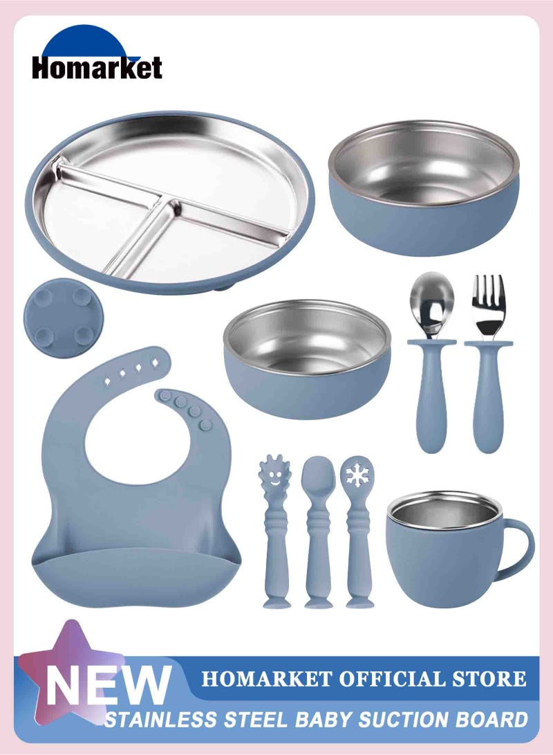 HomarKet 10 Pcs 304 Stainless Steel Kids Plates and Bowls Set Stainless Steel Suction Bowls and Toddler Cup with Removable Silicone, Forks Spoons Pocket Bib for Baby Toddle(Blue)  - Image 1