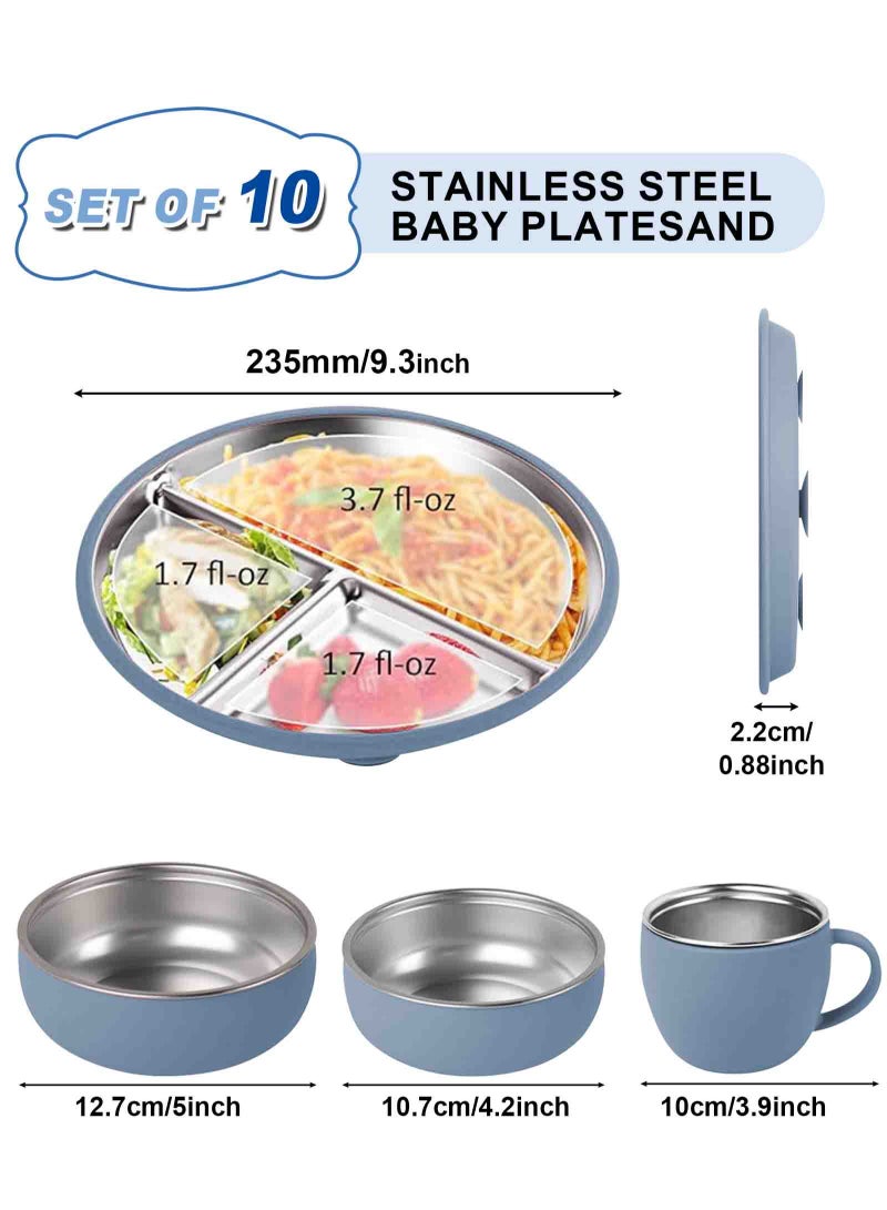 HomarKet 10 Pcs 304 Stainless Steel Kids Plates and Bowls Set Stainless Steel Suction Bowls and Toddler Cup with Removable Silicone, Forks Spoons Pocket Bib for Baby Toddle(Blue)  - Image 2