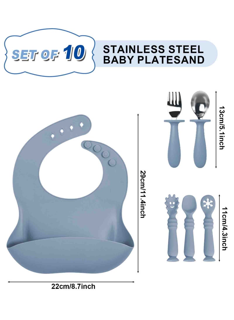 HomarKet 10 Pcs 304 Stainless Steel Kids Plates and Bowls Set Stainless Steel Suction Bowls and Toddler Cup with Removable Silicone, Forks Spoons Pocket Bib for Baby Toddle(Blue)  - Image 3