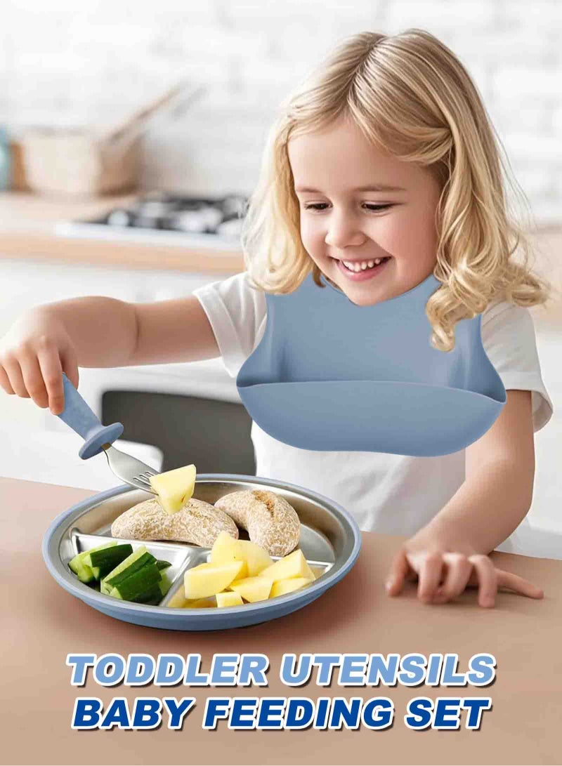HomarKet 10 Pcs 304 Stainless Steel Kids Plates and Bowls Set Stainless Steel Suction Bowls and Toddler Cup with Removable Silicone, Forks Spoons Pocket Bib for Baby Toddle(Blue)  - Image 5