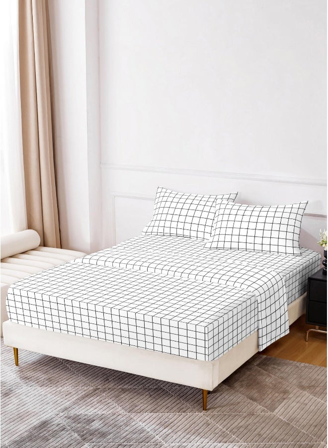 Noon East Queen Size 4Pc Fitted Sheet Set | Soft Microfiber Material | Black Grid Color | 1 Fitted Sheet 150 X 200 Cm With 40 Cm Deep Pocket, 1 Flat Sheet 220 X 280 Cm, 2 Pillow Cases 50 X 75 Cm | Suitable For Queen Size Mattress - Image 1