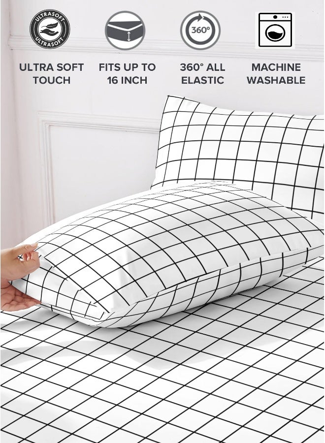 Noon East Queen Size 4Pc Fitted Sheet Set | Soft Microfiber Material | Black Grid Color | 1 Fitted Sheet 150 X 200 Cm With 40 Cm Deep Pocket, 1 Flat Sheet 220 X 280 Cm, 2 Pillow Cases 50 X 75 Cm | Suitable For Queen Size Mattress - Image 4