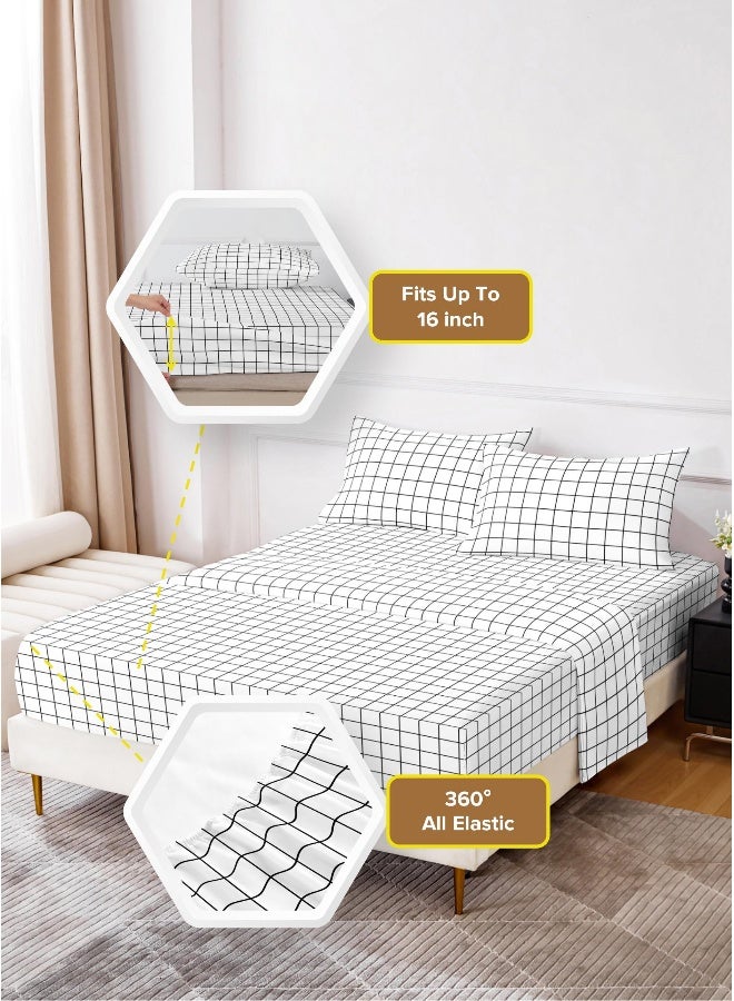 Noon East Queen Size 4Pc Fitted Sheet Set | Soft Microfiber Material | Black Grid Color | 1 Fitted Sheet 150 X 200 Cm With 40 Cm Deep Pocket, 1 Flat Sheet 220 X 280 Cm, 2 Pillow Cases 50 X 75 Cm | Suitable For Queen Size Mattress - Image 3