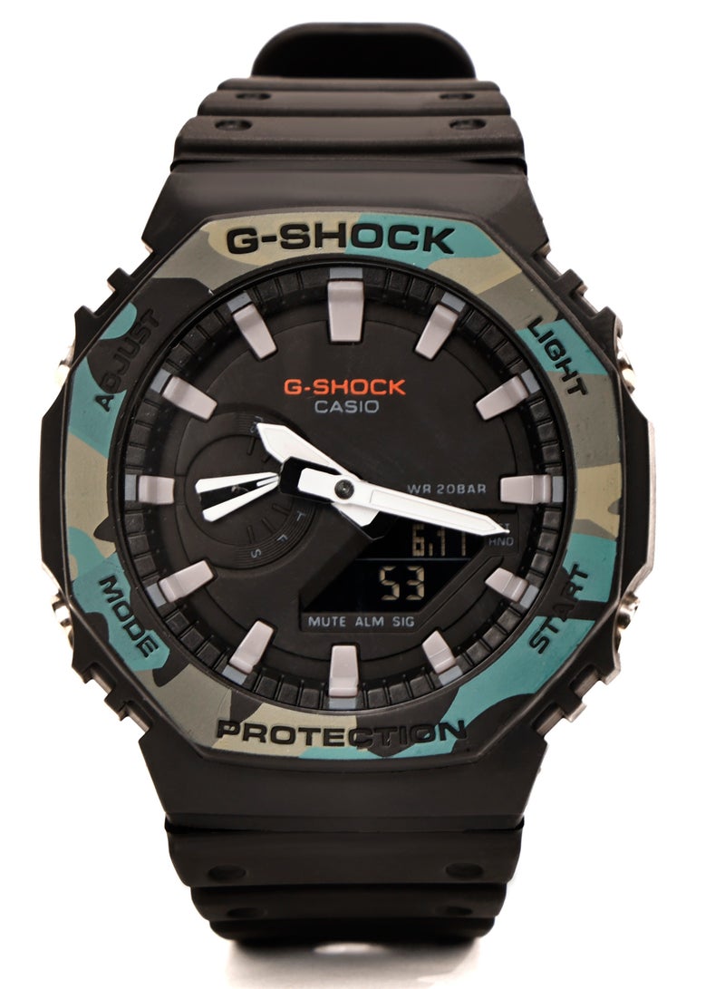 كاسيو ساعة رجالية كاسيو G-SHOCK GA-2100SU بإطار تمويهي، عرض مزدوج رقمي وتماثلي، مقاومة للماء حتى 200 متر، مقاومة للصدمات، ساعة رياضية بحزام من الرزين الأسود - Image 1