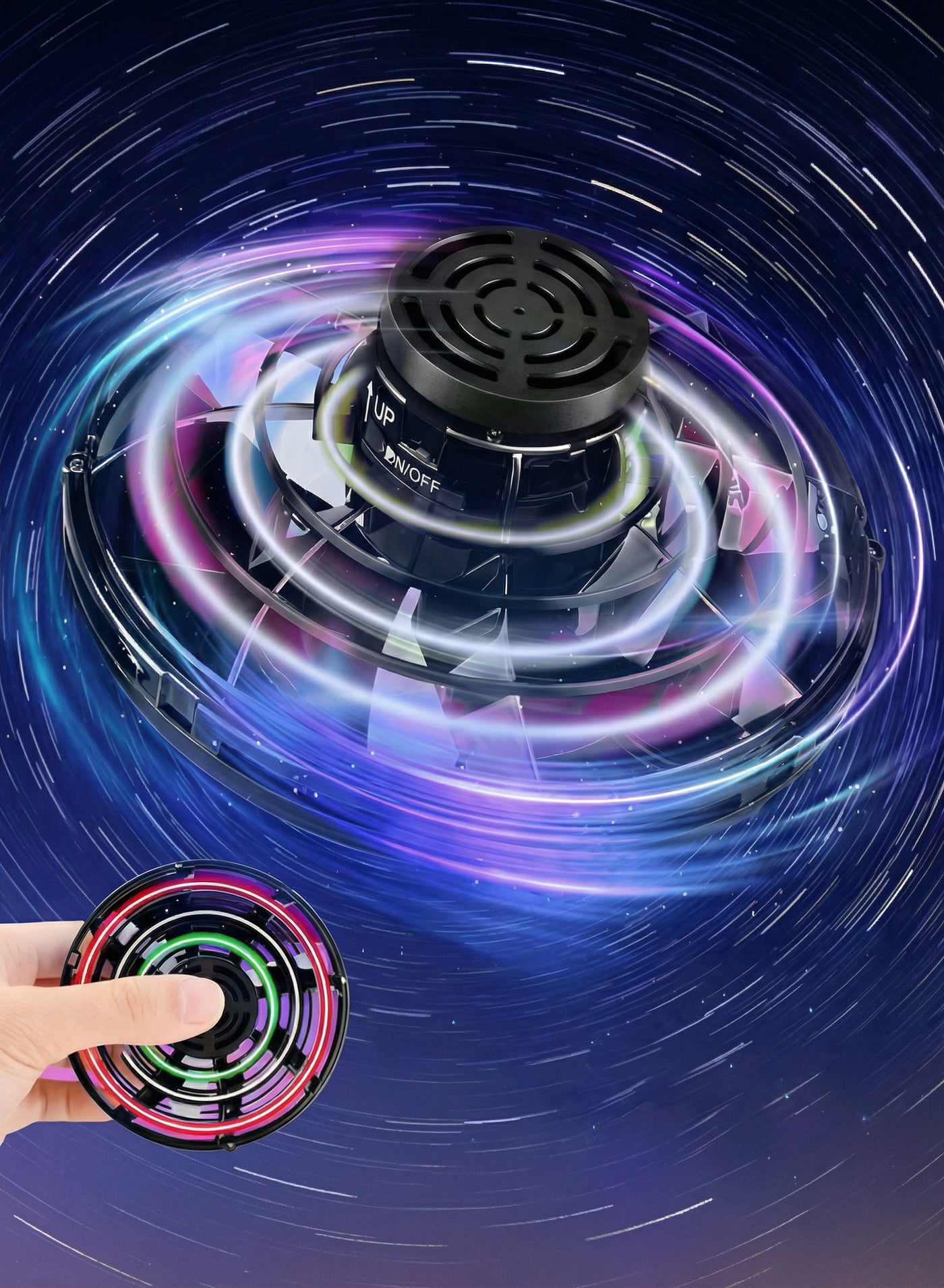 Flying Spinner Toys, Hand Controlled Mini Drone, RGB Light Fidget Boomerang Spinner, 360 Rotating Fly UFO Spin Drone, Flying Space Toys Gift For Kids Adults Outdoor Indoor (BLACK)