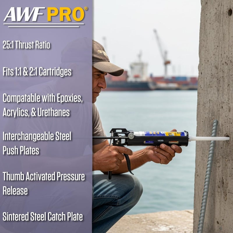 AWF PRO Dual Cartridge Epoxy Gun for 400mL, 450mL, 600 mL, 650 mL (1:1 and 2:1) Dual Component Cartridges – 25:1 Thrust Ratio, Professional 2 Part Epoxy Gun - Image 2