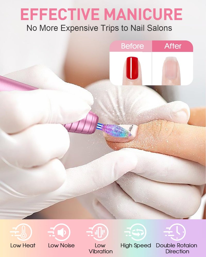 Subay Electric Nail Drill, Portable Electric Nail File for Acrylic Gel Nails, Nail Drill Kit Manicure Pedicure Tool with 6 Nail Drill Bits and 26 Sanding Bands for Home and Salon Use - Pink - Image 3