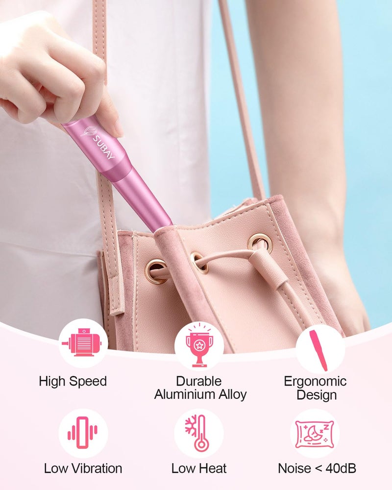 Subay Electric Nail Drill, Portable Electric Nail File for Acrylic Gel Nails, Nail Drill Kit Manicure Pedicure Tool with 6 Nail Drill Bits and 26 Sanding Bands for Home and Salon Use - Pink - Image 5