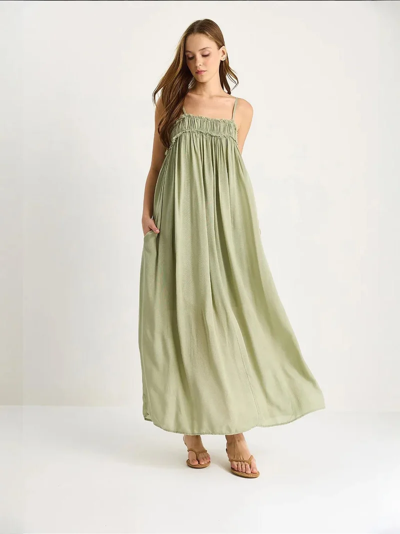 Bianco Lucci LUCCI Embroidered Square Collar Maxi Dress