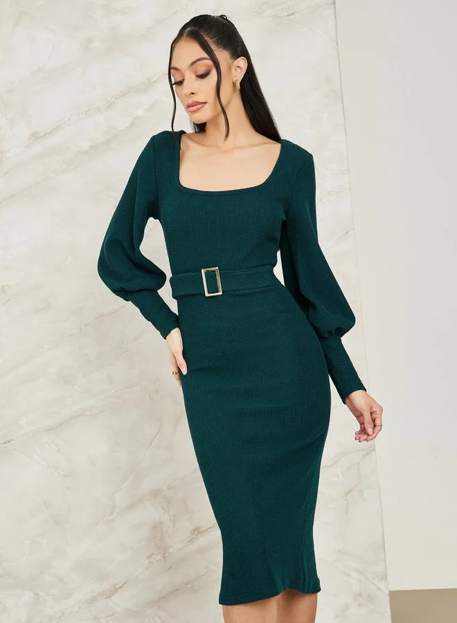 Colorful Square Neck Belted Knit Midi Dress by Styli