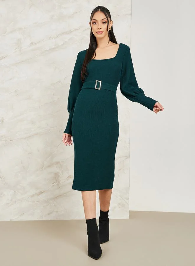 Colorful Square Neck Belted Knit Midi Dress by Styli