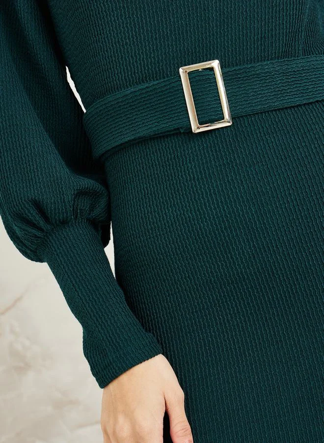Colorful Square Neck Belted Knit Midi Dress by Styli