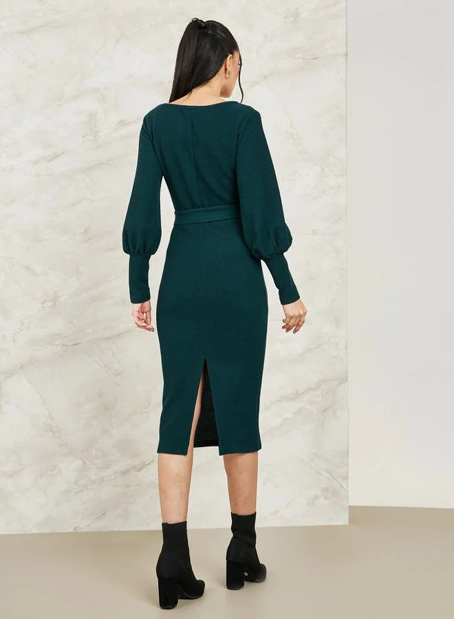 Colorful Square Neck Belted Knit Midi Dress by Styli