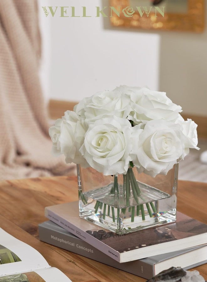 WELL KNOWN Rose Artificial Flowers in Vase with Faux Water, Ivory White Silk Rose Table Centerpieces for Home Coffee Table Decor, Fake Roses Flower Arrangements for Office Hotel Lavatory Decor - Image 3
