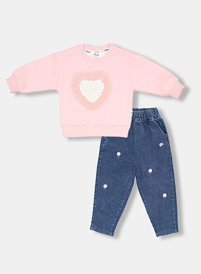 babyqlo Pink Heart Sweatshirt With Embroidered Jeans