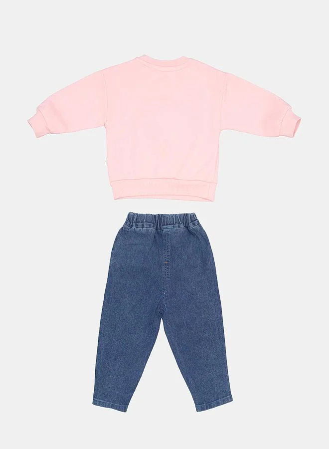 babyqlo Pink Heart Sweatshirt With Embroidered Jeans
