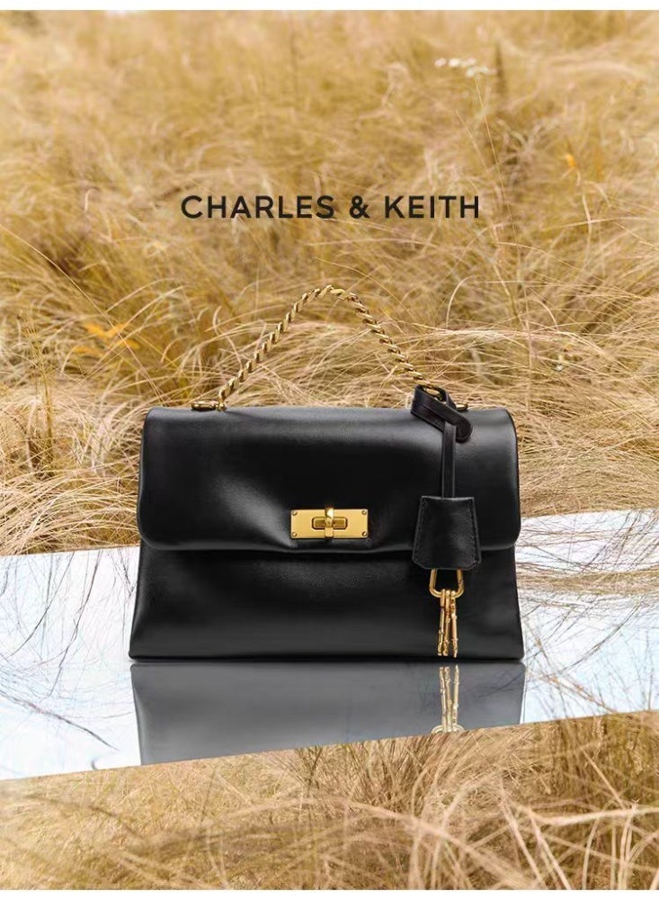 Charles & Keith Charles&Keith Black Leather Shoulder Bag with Gold Chain, Women's Fashion Handbag, Suitable for Daily and Elegant Appearance - Image 2