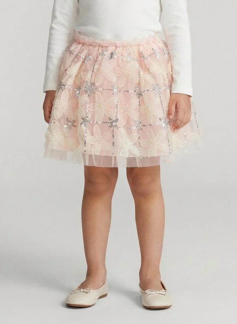 Babyqlo Girls Pink Floral Sequin Tulle Party Skirt