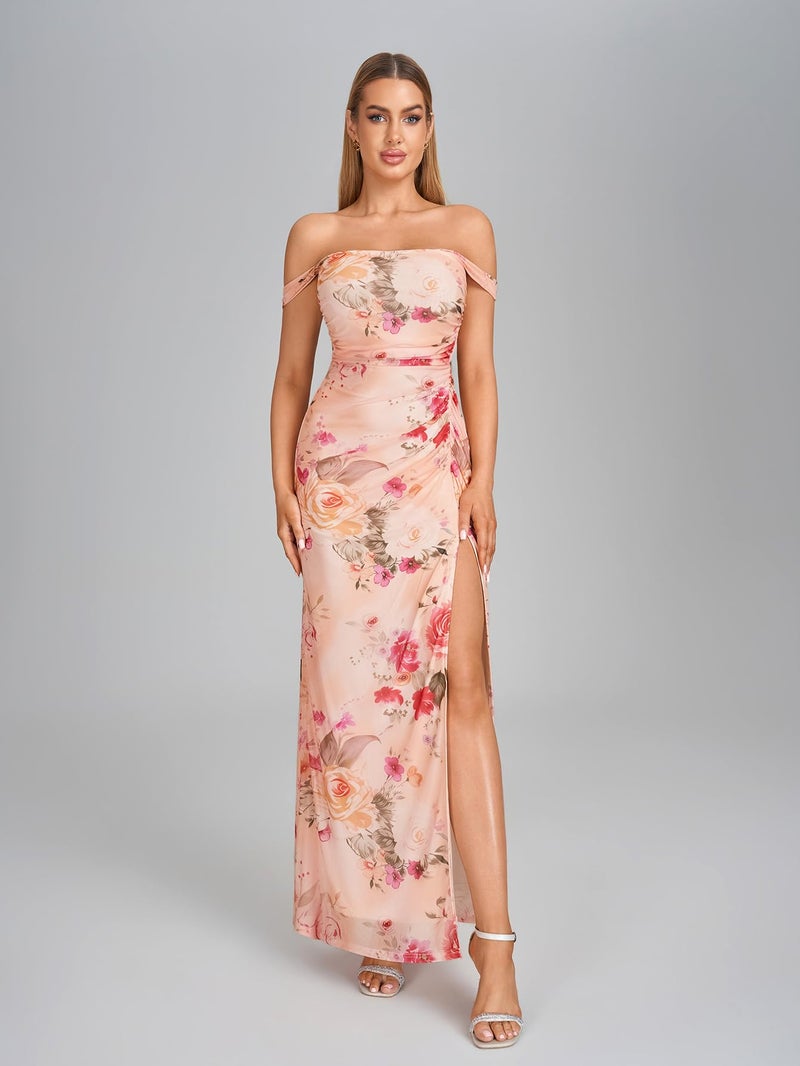 HTZMO Off The Shoulder Wedding Guest Floral Maxi Dress Back Bow Tie Split Ruched Bodycon Formal Long Dresses for Women PinkFloral M - Image 5