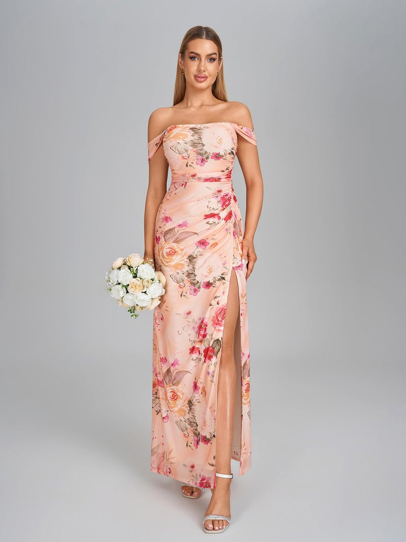 HTZMO Off The Shoulder Wedding Guest Floral Maxi Dress Back Bow Tie Split Ruched Bodycon Formal Long Dresses for Women PinkFloral M - Image 3