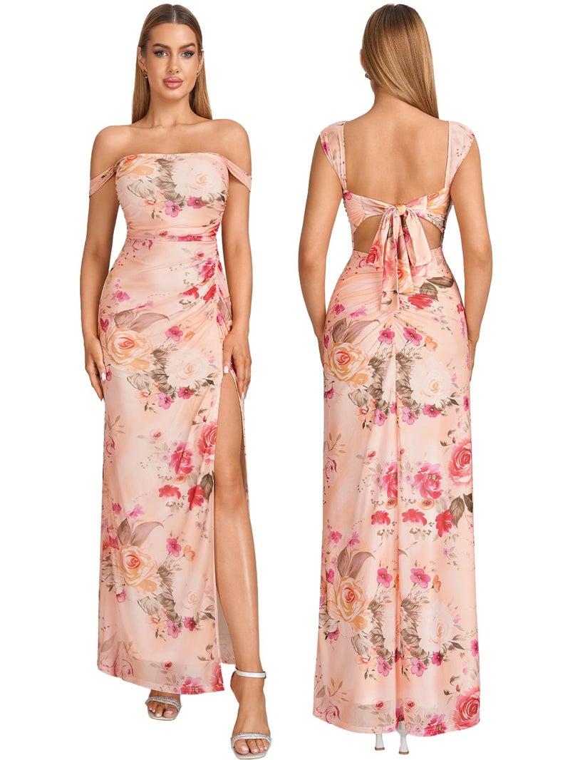 HTZMO Off The Shoulder Wedding Guest Floral Maxi Dress Back Bow Tie Split Ruched Bodycon Formal Long Dresses for Women PinkFloral M - Image 1