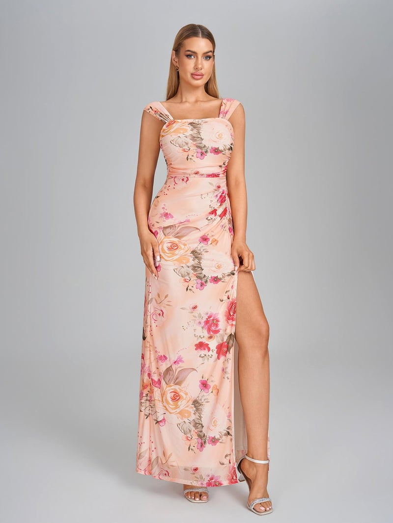 HTZMO Off The Shoulder Wedding Guest Floral Maxi Dress Back Bow Tie Split Ruched Bodycon Formal Long Dresses for Women PinkFloral M - Image 2