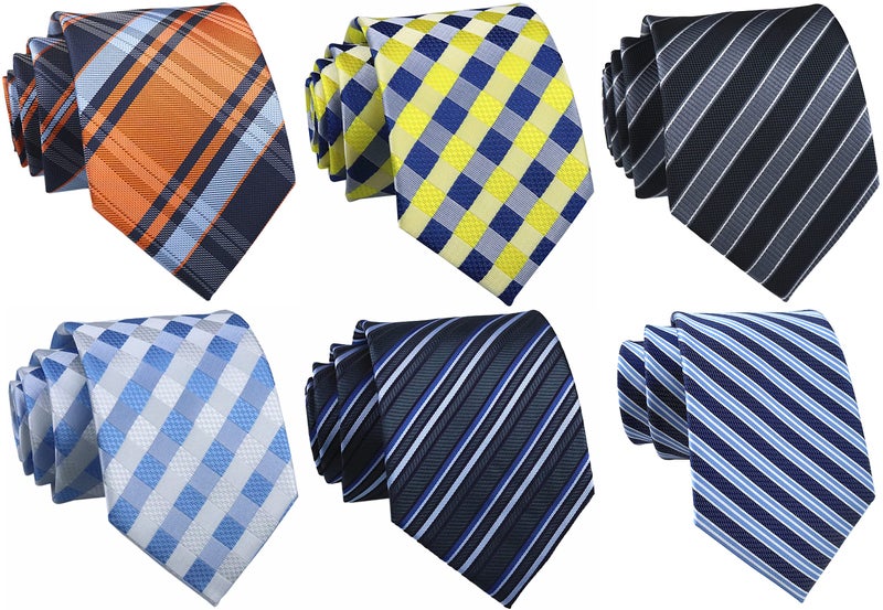 Secdtie Lot 6 Pcs Mens Ties Tartan Checks Jacquard Woven Silk Tie Long Formal Necktie, Light Blue and White, Yellow Blue, Grey Blue, Blue Orange, Blue, Grey Black - Image 1