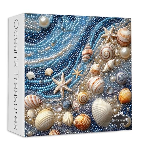 PICKFORU Beach 1000 Piece Puzzles for Adults PICKFORU Mosaic Gradient Sea Jigsaw Puzzles Jewel Seashells Challenging Hard Unique Pearl Shell Ocean Theme as House Decor - Image 1