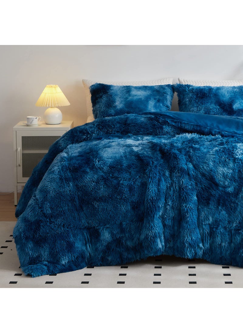 Wajade Wajade Faux Fur Plush Tie Dye Blue White Comforter Set Fluffy Fuzzy Shaggy Bedding Set  3PC Full Size Microfiber Soft Warm Quilt Set 