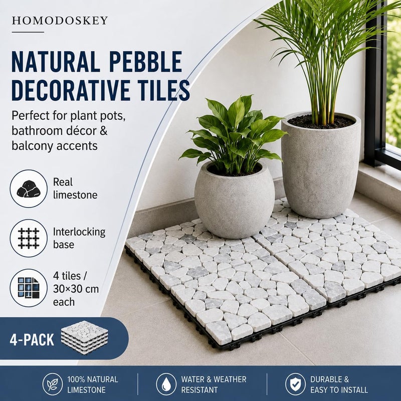 Stone Interlocking Flooring Tiles, Pebble Waterproof Patio Deck Tiles, Natural Real Stone Floor Decking Tiles for Garden Indoor Outdoor Balcony Backyard (4PCS, 30 * 30 * 2.2CM) - Image 4