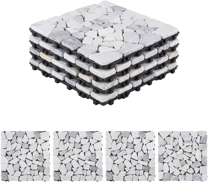 Stone Interlocking Flooring Tiles, Pebble Waterproof Patio Deck Tiles, Natural Real Stone Floor Decking Tiles for Garden Indoor Outdoor Balcony Backyard (4PCS, 30 * 30 * 2.2CM) - Image 1