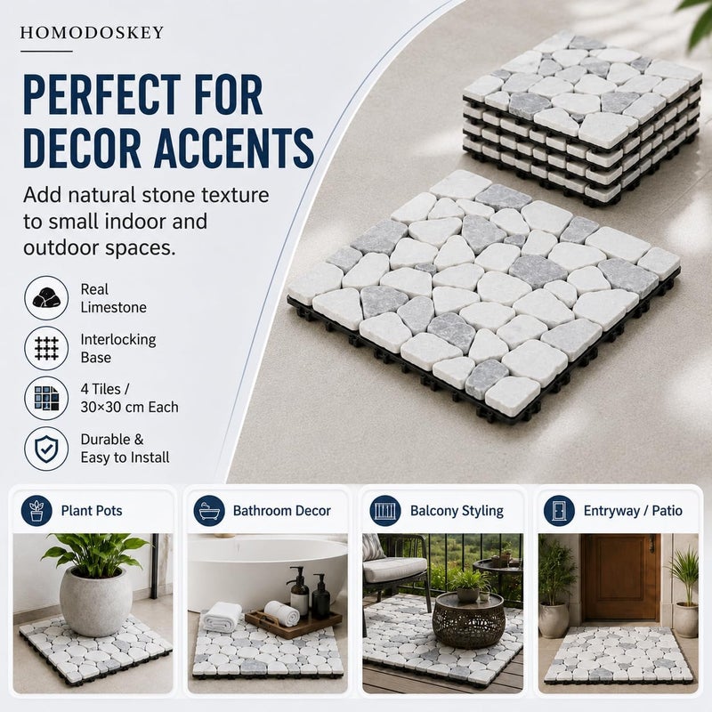 Stone Interlocking Flooring Tiles, Pebble Waterproof Patio Deck Tiles, Natural Real Stone Floor Decking Tiles for Garden Indoor Outdoor Balcony Backyard (4PCS, 30 * 30 * 2.2CM) - Image 2