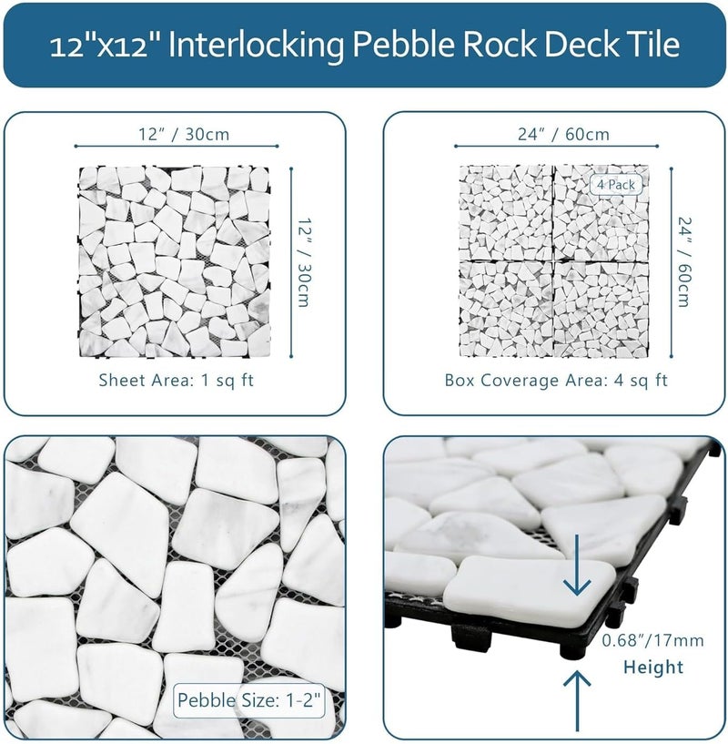 Stone Interlocking Flooring Tiles, Pebble Waterproof Patio Deck Tiles, Natural Real Stone Floor Decking Tiles for Garden Indoor Outdoor Balcony Backyard (4PCS, 30 * 30 * 2.2CM) - Image 3