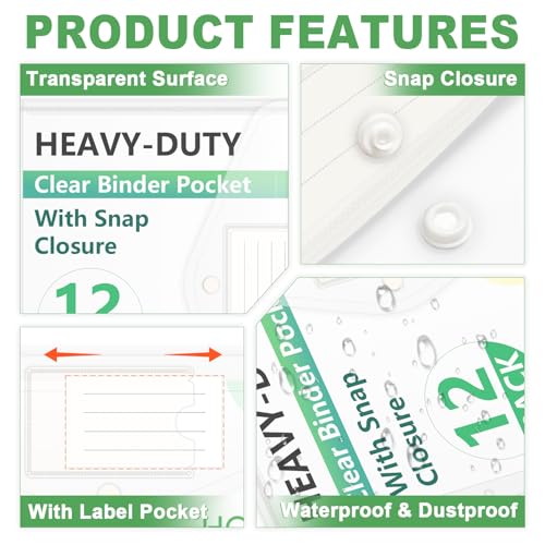 HOUYEE 12 Pack Clear Binder Pocket, 11 Holes Heavy-Duty Plastic Binder Pouch with Snap Closure for 2/3/4 Ring Binder, Clear Binder Folders for Office, 8 Mil,100 Sheet Capacity, Letter Size - Image 4