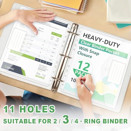 HOUYEE 12 Pack Clear Binder Pocket, 11 Holes Heavy-Duty Plastic Binder Pouch with Snap Closure for 2/3/4 Ring Binder, Clear Binder Folders for Office, 8 Mil,100 Sheet Capacity, Letter Size - Image 5