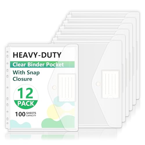 HOUYEE 12 Pack Clear Binder Pocket, 11 Holes Heavy-Duty Plastic Binder Pouch with Snap Closure for 2/3/4 Ring Binder, Clear Binder Folders for Office, 8 Mil,100 Sheet Capacity, Letter Size - Image 1