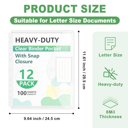 HOUYEE 12 Pack Clear Binder Pocket, 11 Holes Heavy-Duty Plastic Binder Pouch with Snap Closure for 2/3/4 Ring Binder, Clear Binder Folders for Office, 8 Mil,100 Sheet Capacity, Letter Size - Image 2