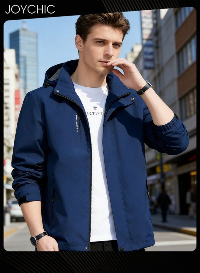 Joychic Solid Pattern Spring and Autumn Men Jacket Hooded Casual Sports Windproof Zipper Coat with Cap Outdoor Blue - Image 1