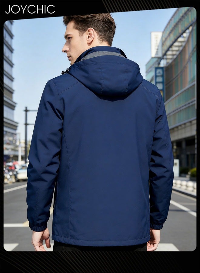 Joychic Solid Pattern Spring and Autumn Men Jacket Hooded Casual Sports Windproof Zipper Coat with Cap Outdoor Blue - Image 3