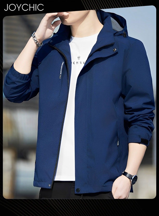 Joychic جاكيت رجال بغطاء رأس وتصميم سادة ربيعي وخريفي رياضي مقاوم للرياح بسحاب مع قبعة خارجي أزرق - Image 1