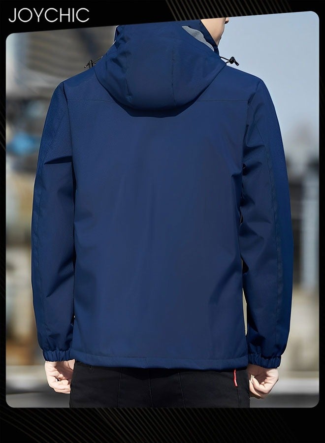 Joychic جاكيت رجال بغطاء رأس وتصميم سادة ربيعي وخريفي رياضي مقاوم للرياح بسحاب مع قبعة خارجي أزرق - Image 2