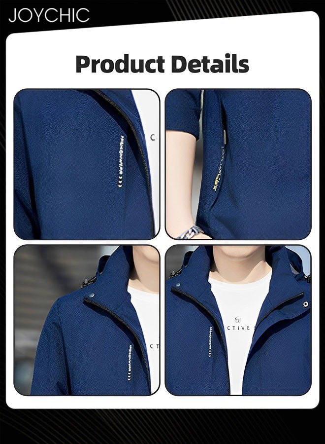 Joychic Solid Pattern Spring and Autumn Men Jacket Hooded Casual Sports Windproof Zipper Coat with Cap Outdoor Blue - Image 4