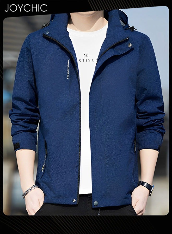 Joychic جاكيت رجال بغطاء رأس وتصميم سادة ربيعي وخريفي رياضي مقاوم للرياح بسحاب مع قبعة خارجي أزرق - Image 3