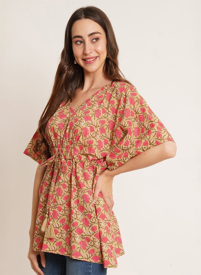 COTLAND FASHION Floral Printed V-Neck Kimono Sleeves Pure Cotton Kaftan Longline Top - Image 3