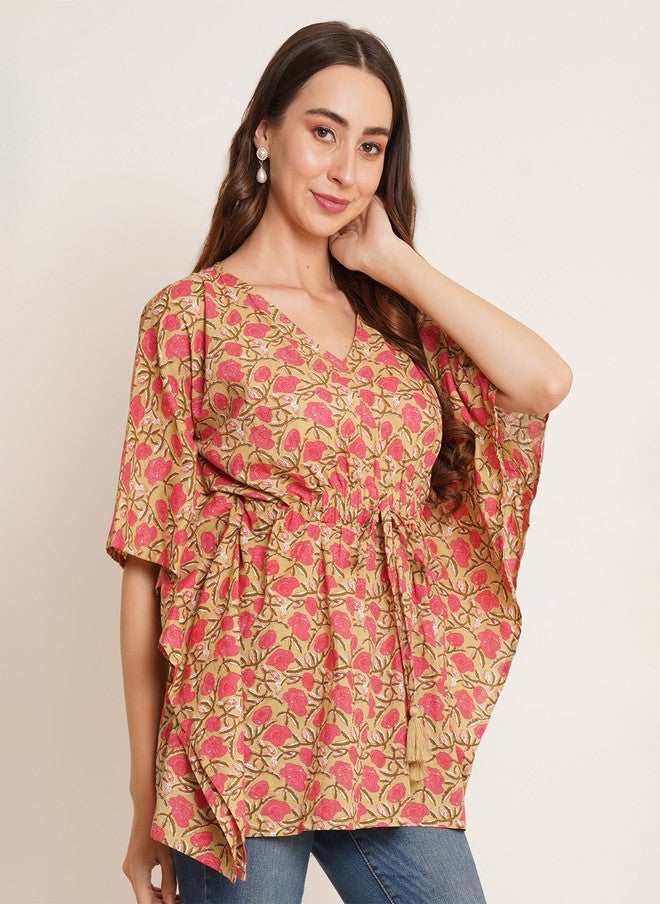 COTLAND FASHION Floral Printed V-Neck Kimono Sleeves Pure Cotton Kaftan Longline Top - Image 1